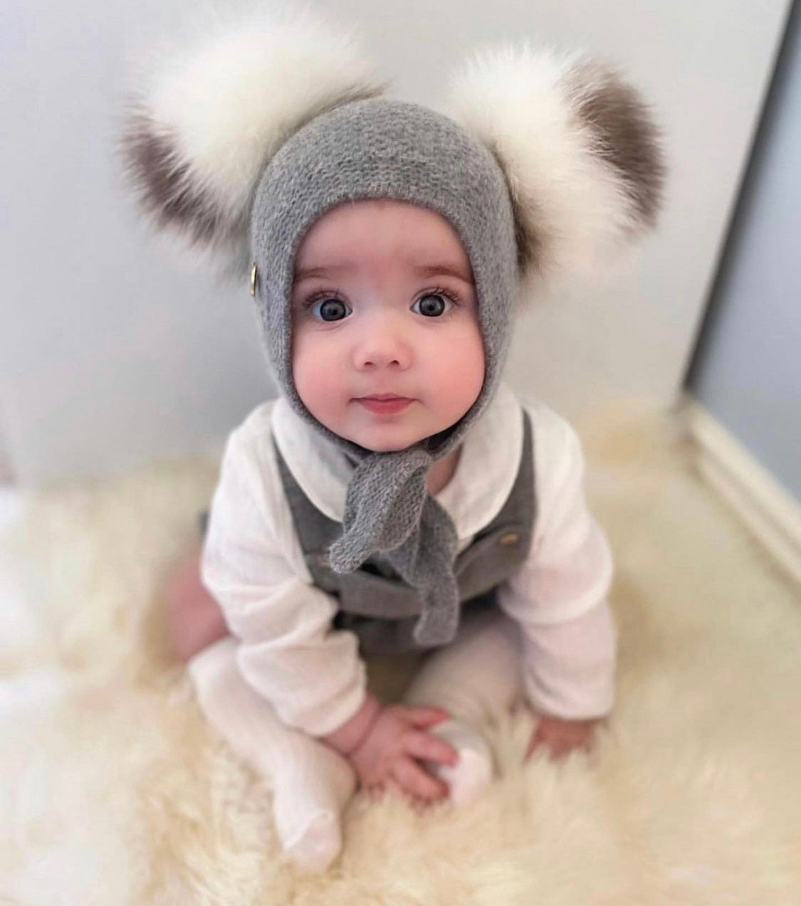 Petite Maison Kids Grey Honeycomb Cashmere Fur Bonnet - Rose & Albert