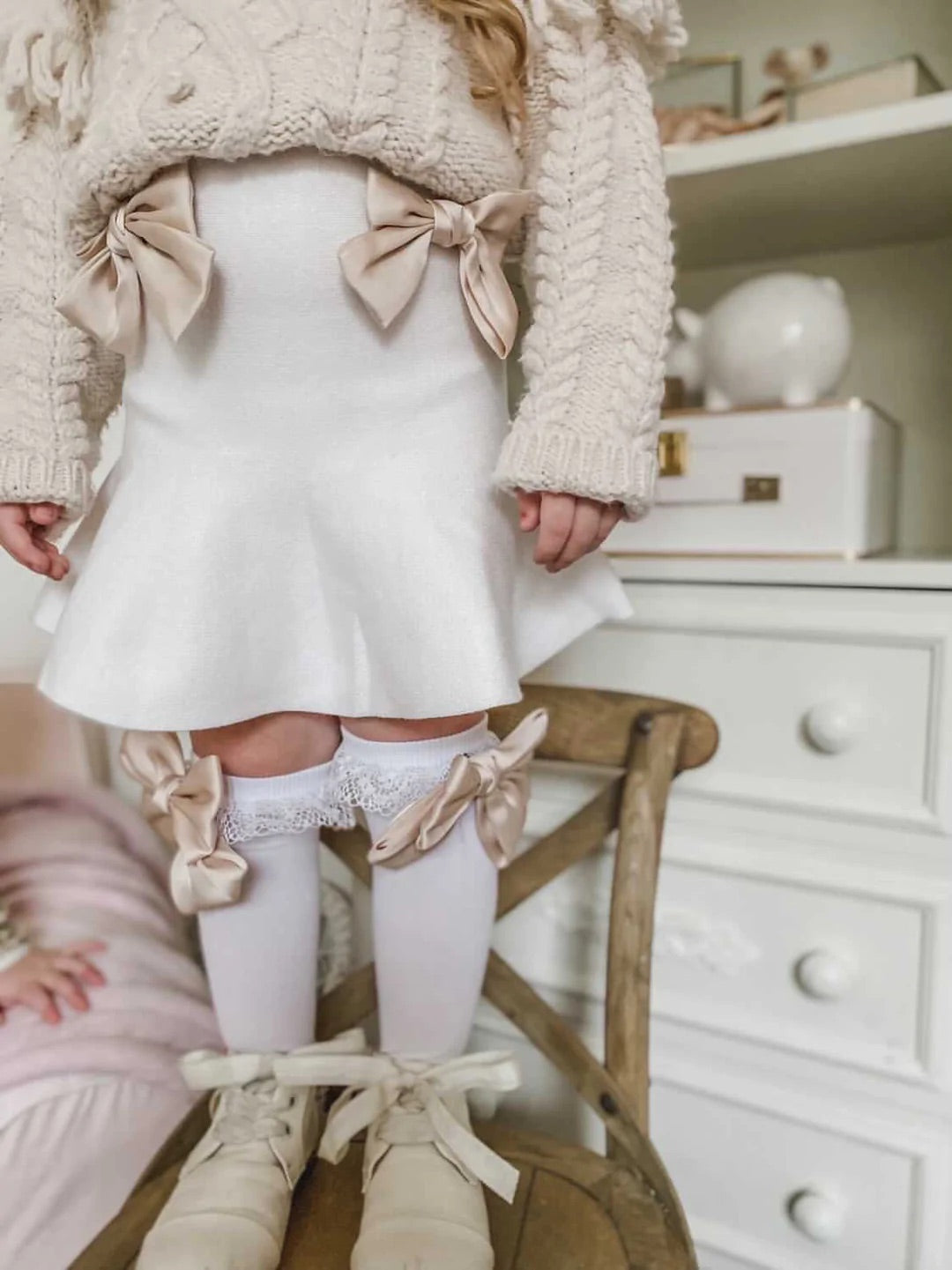 Petite Maison Kids White Flare Skirt with satin bows - Rose & Albert