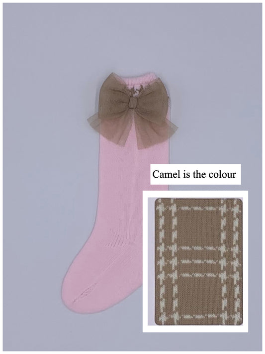 Rahigo Camel Knitted Socks with Tulle Bow - Rose & Albert