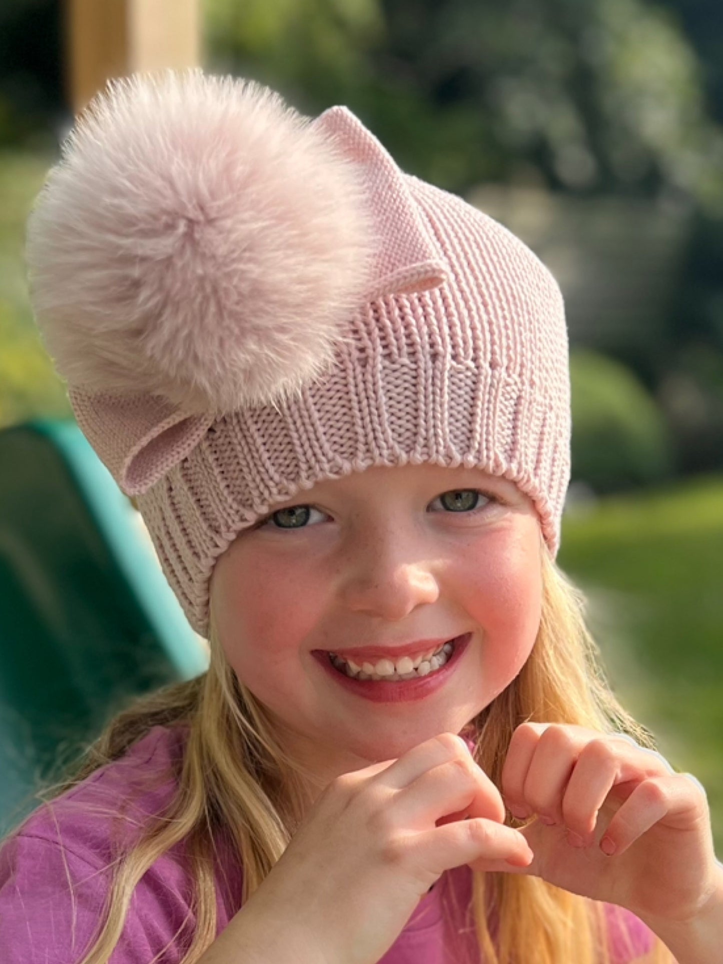 Catya Dusky Pink Marino Wool Hat with Fur Pom & Bow - Rose & Albert