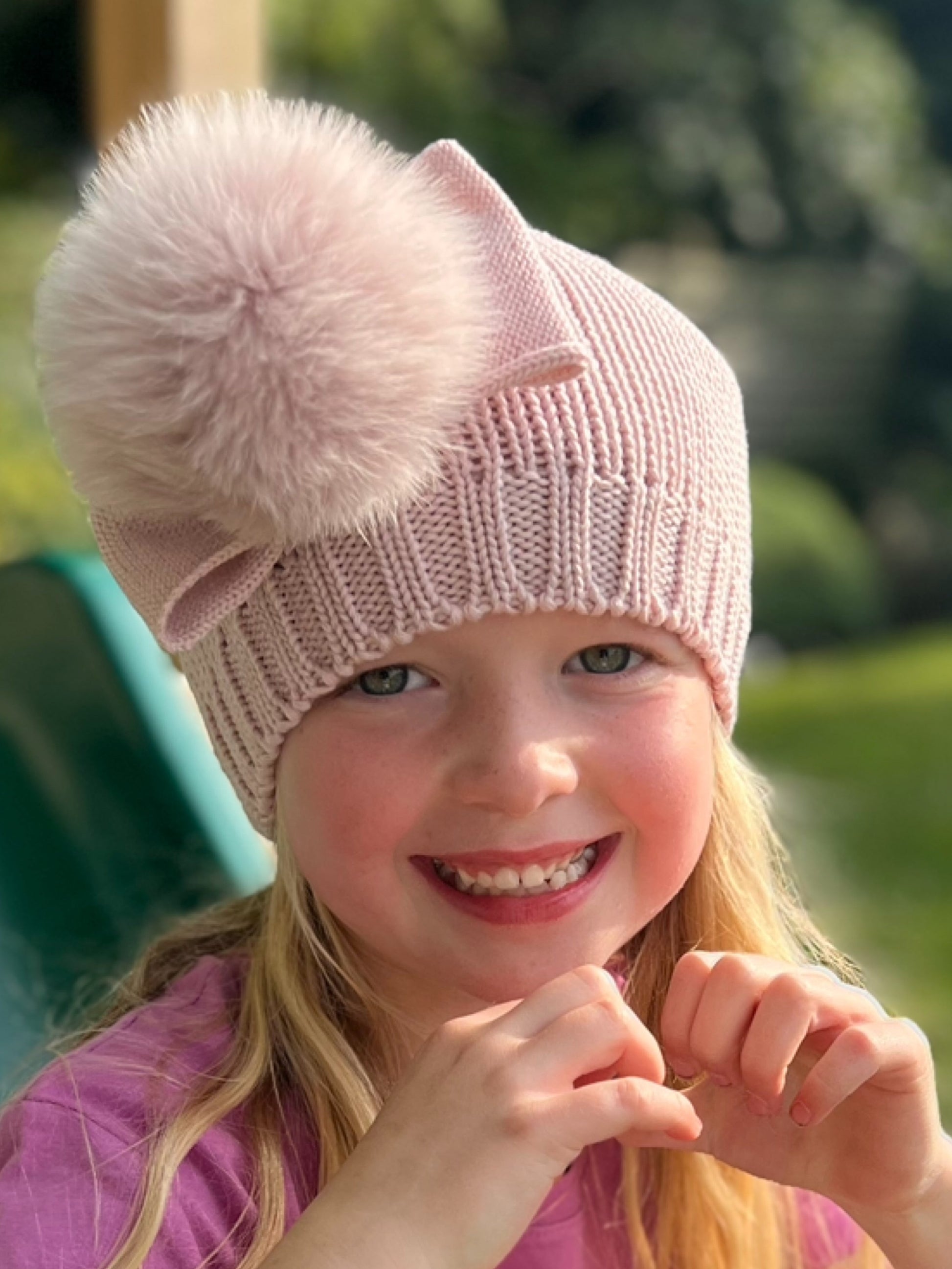 Catya Dusky Pink Marino Wool Hat with Fur Pom & Bow - Rose & Albert