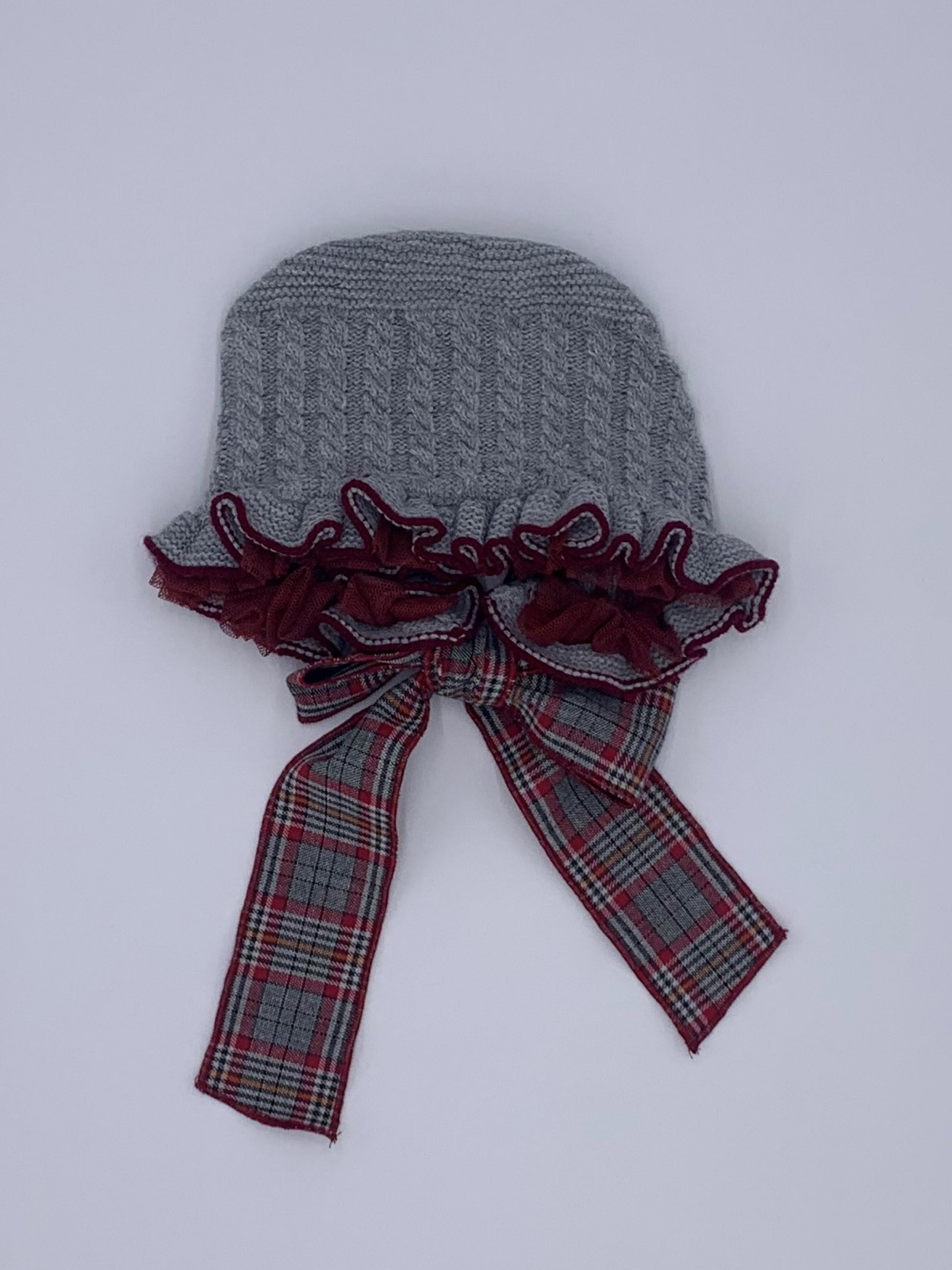 Rahigo Grey & Red Plaid Ruffle Knitted Bonnet - Rose & Albert
