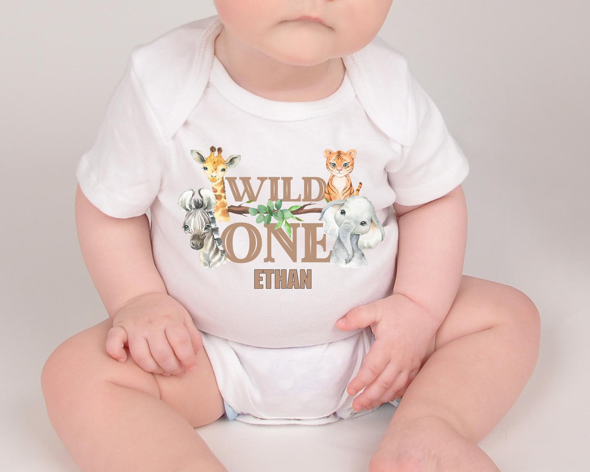 Boys Safari 'Wild One' Birthday Personalised Vest / Babygrow / Sleepsuit