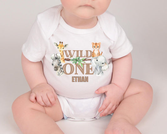 Boys Safari 'Wild One' Birthday Personalised Vest / Babygrow / Sleepsuit