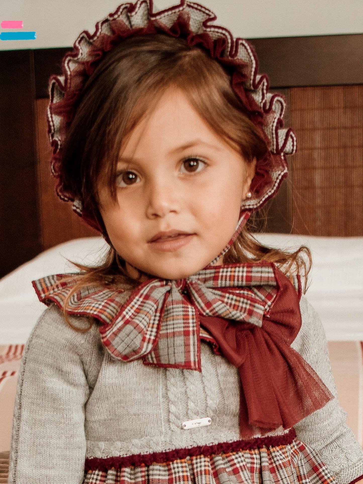 Rahigo Grey & Red Plaid Ruffle Knitted Bonnet - Rose & Albert