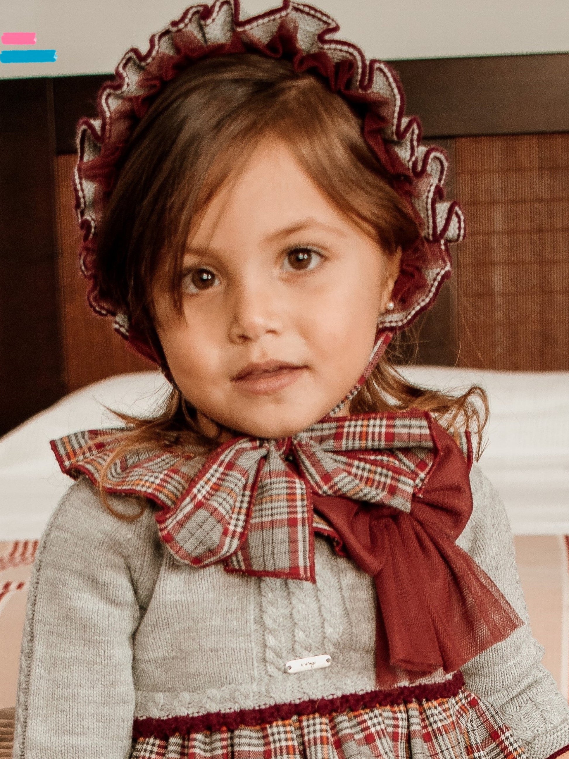 Rahigo Grey & Red Plaid Ruffle Knitted Bonnet - Rose & Albert