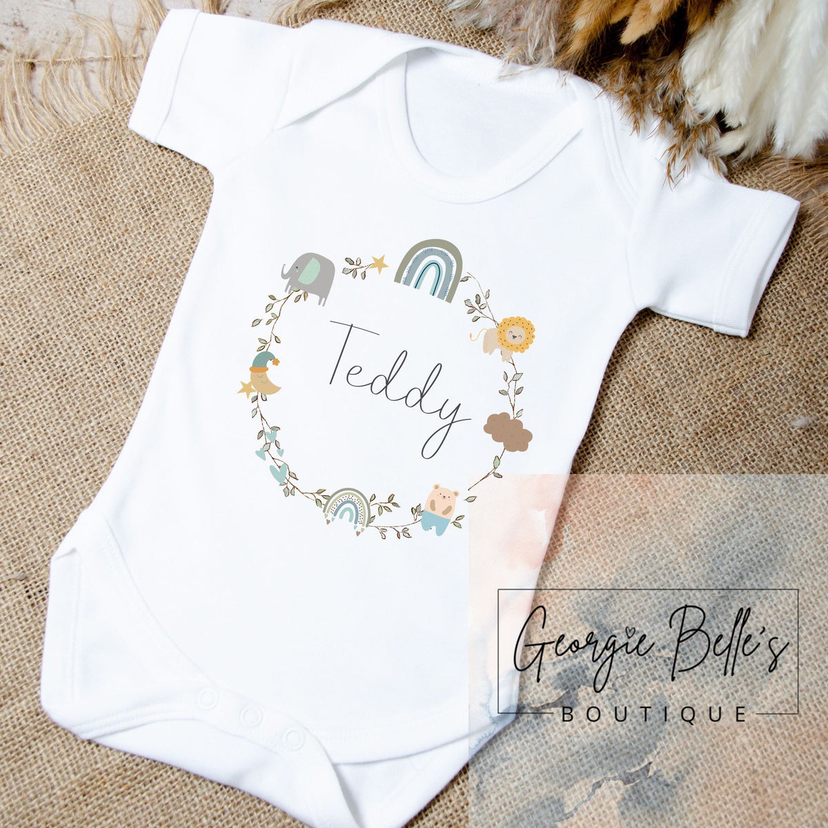 Personalised Vest / Babygrow -  Grey Safari Wreath Design