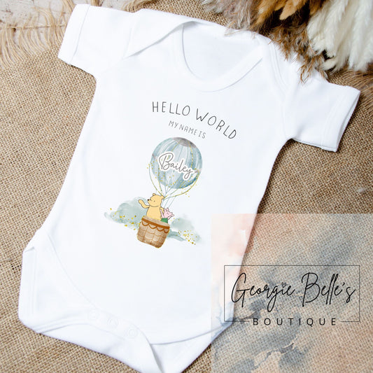 Personalised Announcement Vest / Babygrow - Winnie The Pooh Inspired Hot Air Balloon Wreath Design