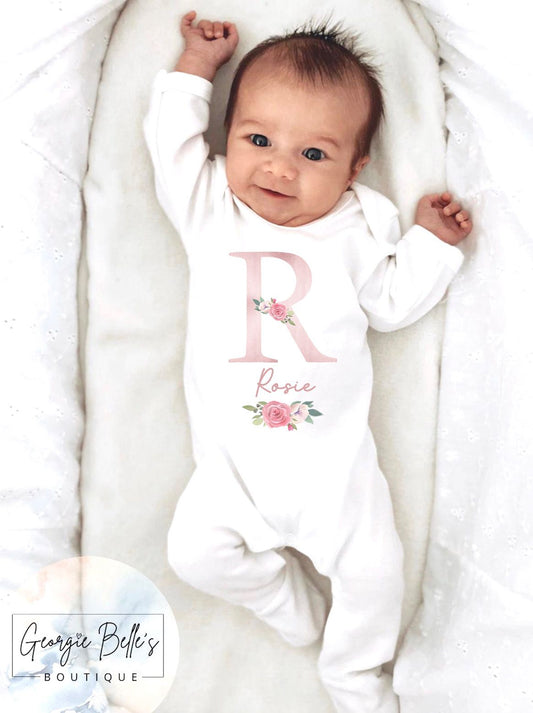 Pink Floral Initial Personalised Vest / Babygrow / Sleepsuit