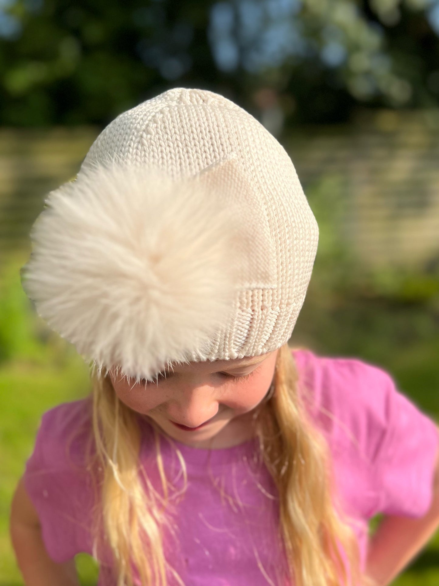 Catya Light Beige Marino Wool Hat with Fur Pom & Bow - Rose & Albert