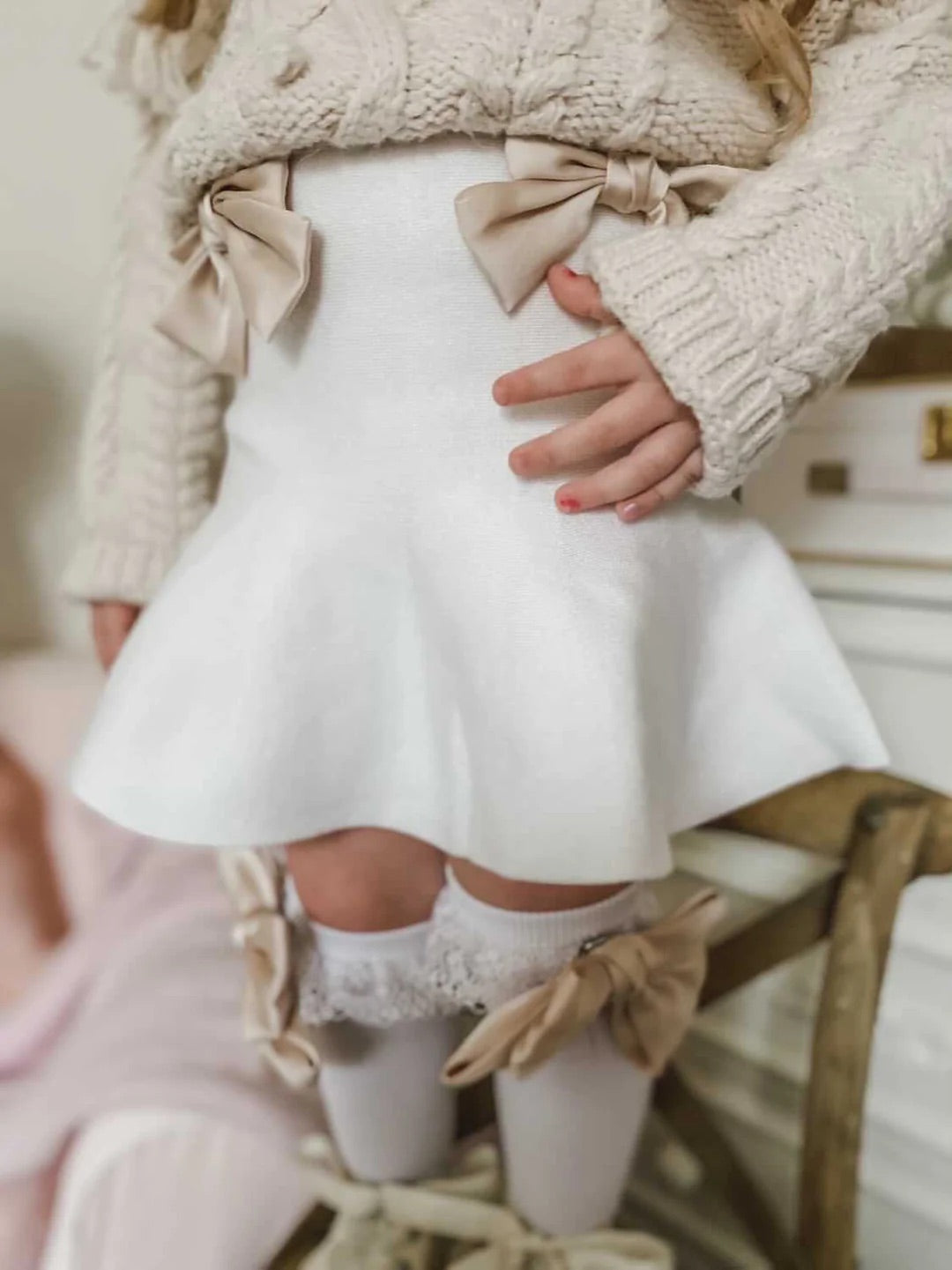 Petite Maison Kids White Flare Skirt with satin bows - Rose & Albert