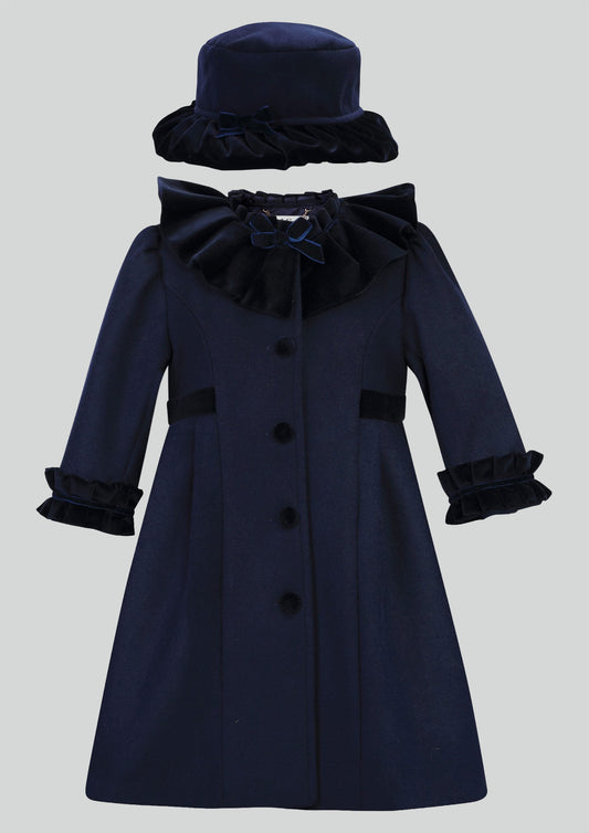 Sarah Louise Traditional velvet trimmed navy coat & hat