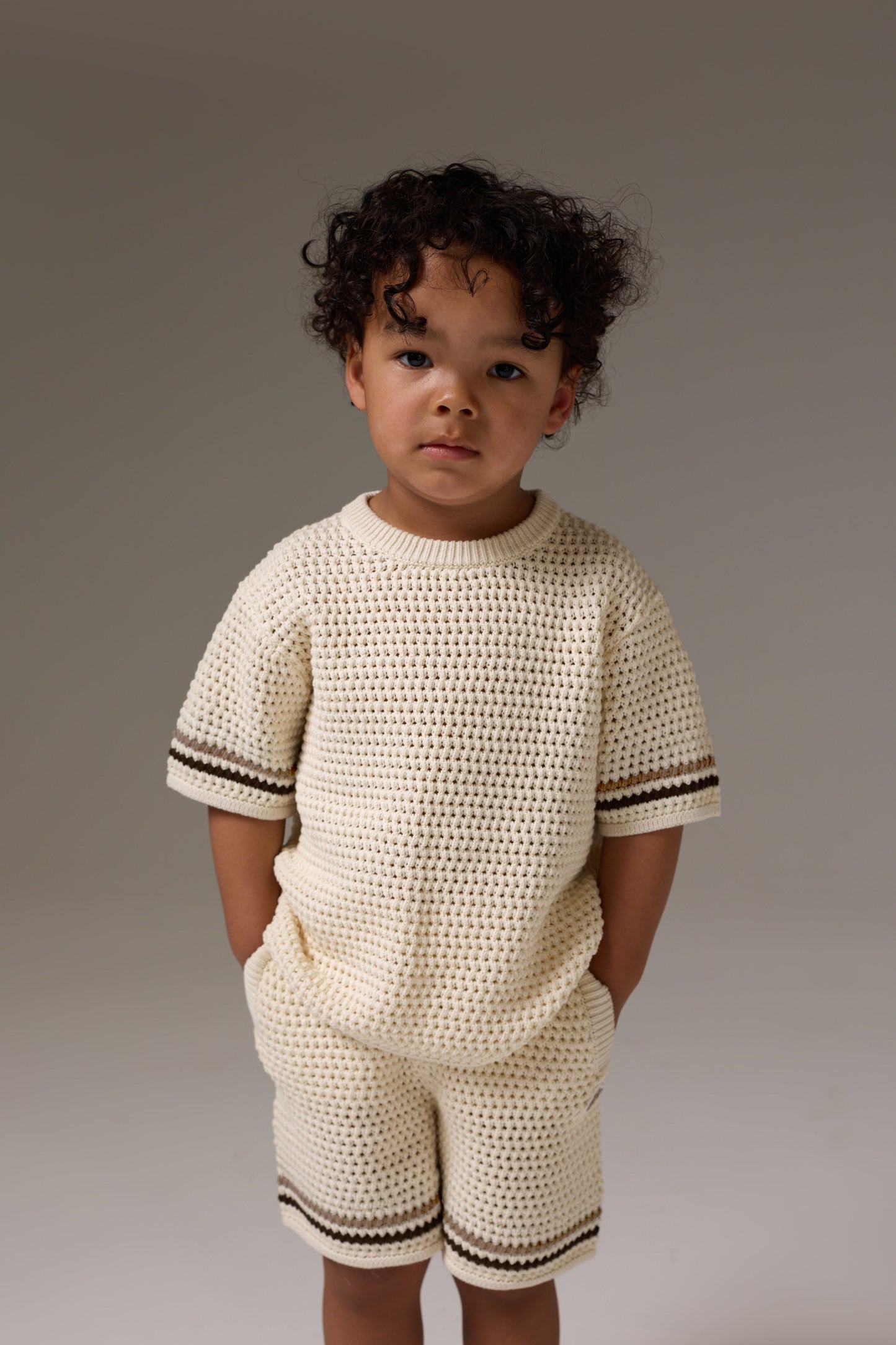 KIDS STRIPE CROCHET KNIT T-SHIRT - OFF WHITE