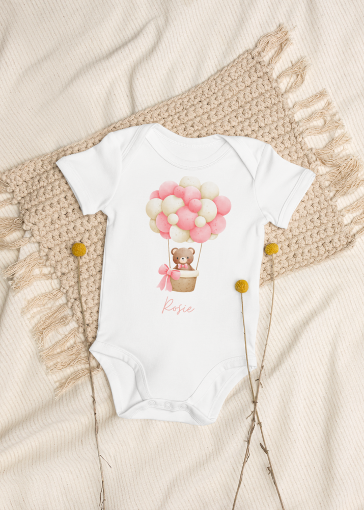 Personalised Name Bear Hot Air Baloon Bodysuit in Pink