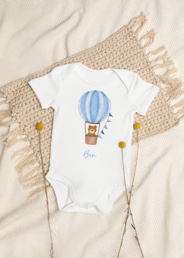 Personalised Name Bear Hot Air Baloon Bodysuit in Blue