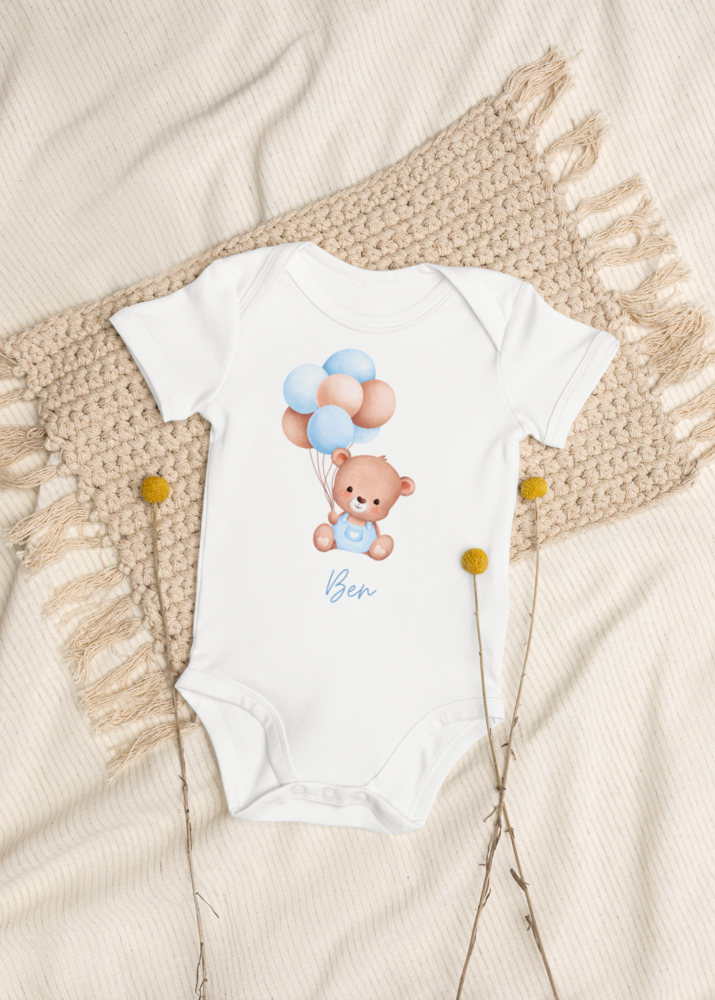 Personalised Name Bear Baloon Bodysuit in Blue