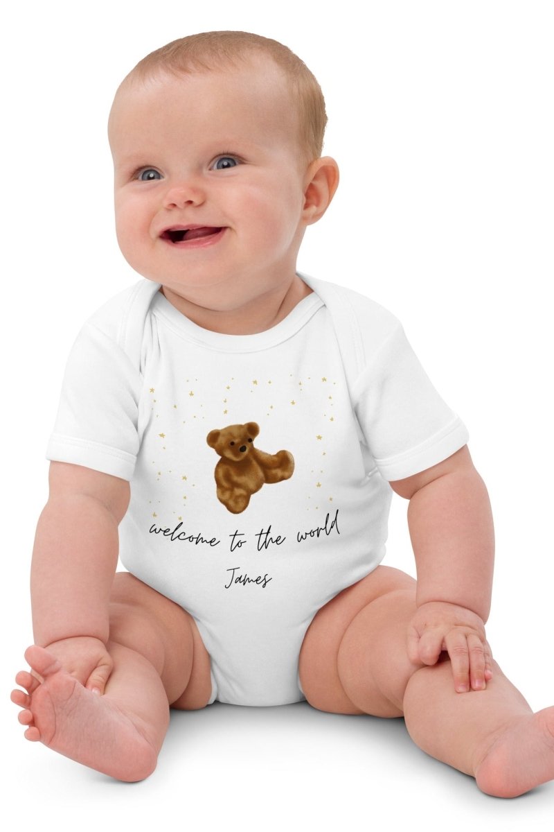 Welcome to the World (Personalised Name Bear Bodysuit) - Cozy Crew Club