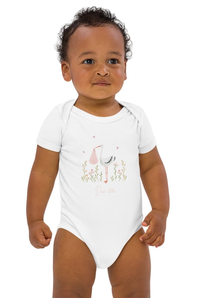 Stork Baby Girl Due Bodysuit White - Cozy Crew Club
