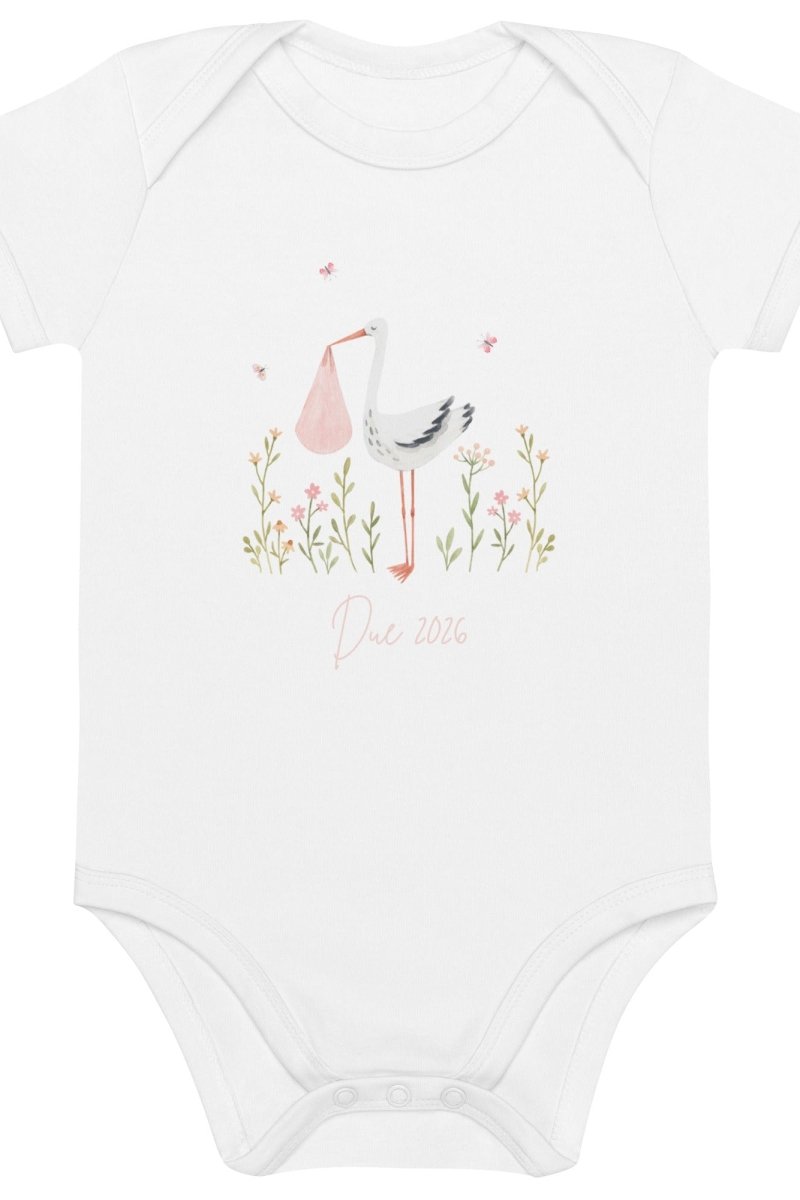 Stork Baby Girl Due Bodysuit White - Cozy Crew Club