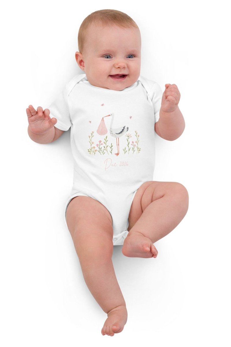 Stork Baby Girl Due Bodysuit White - Cozy Crew Club
