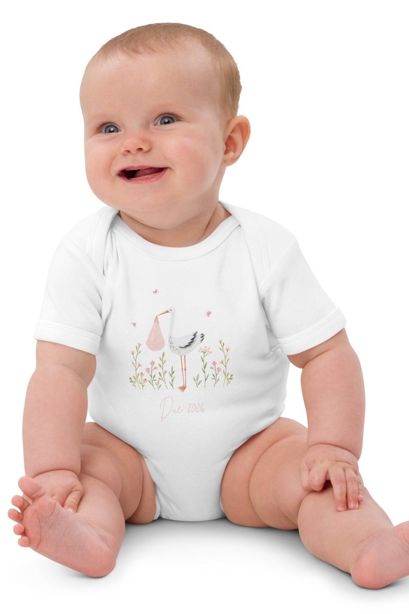 Stork Baby Girl Due Bodysuit White - Cozy Crew Club