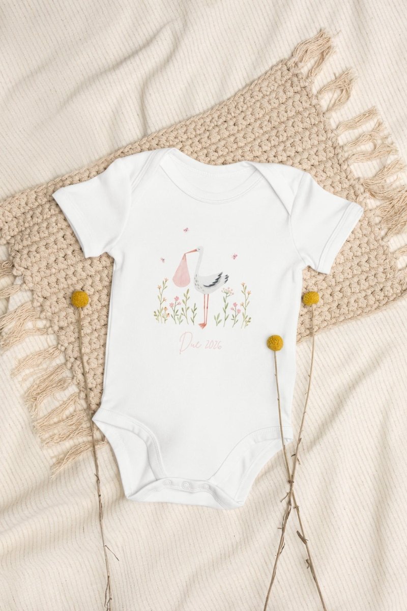Stork Baby Girl Due Bodysuit White - Cozy Crew Club