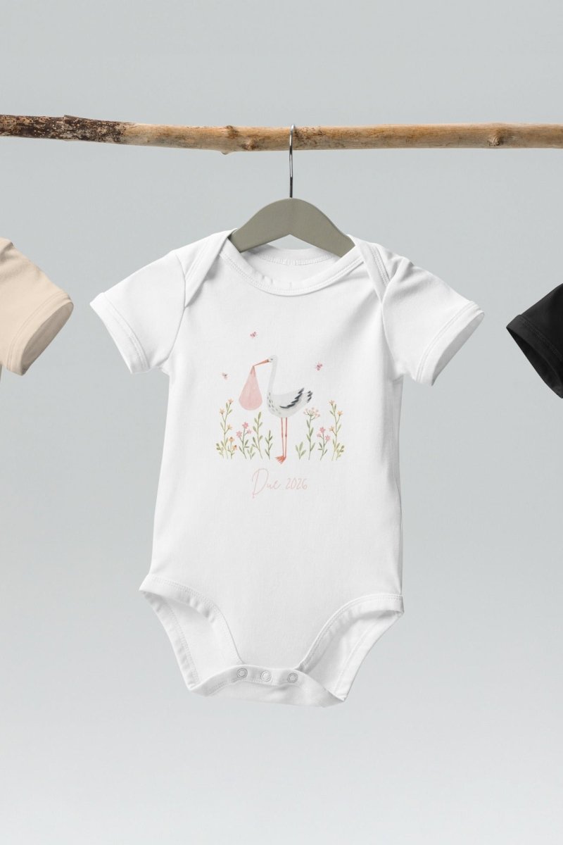 Stork Baby Girl Due Bodysuit White - Cozy Crew Club