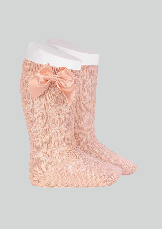 Condor Peachy Openwork Knee Socks with Satin Bow in Pink