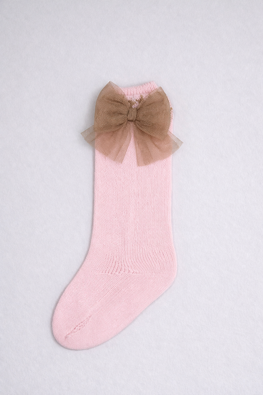 Rahigo Camel Knitted Socks with Tulle Bow in Brown