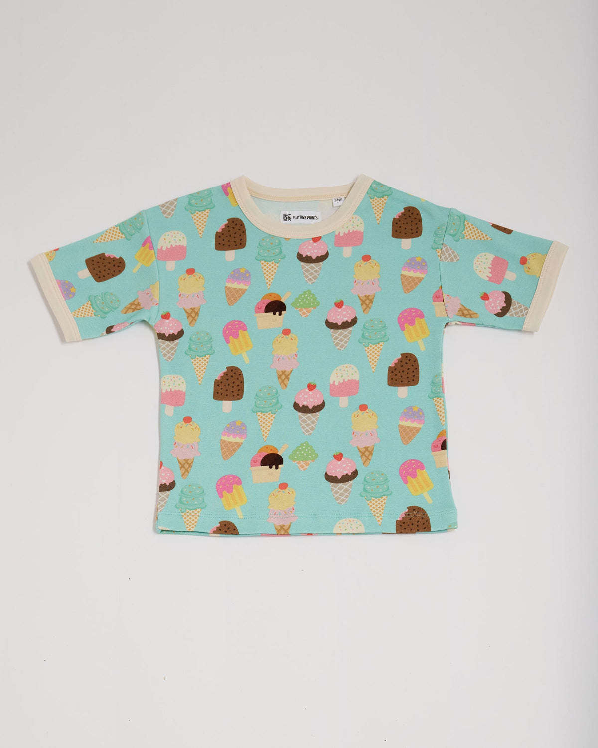 Front of short sleeved t-shirt featuring an all over turquoise ice cream print with contrast ecru neck and sleeve trim.