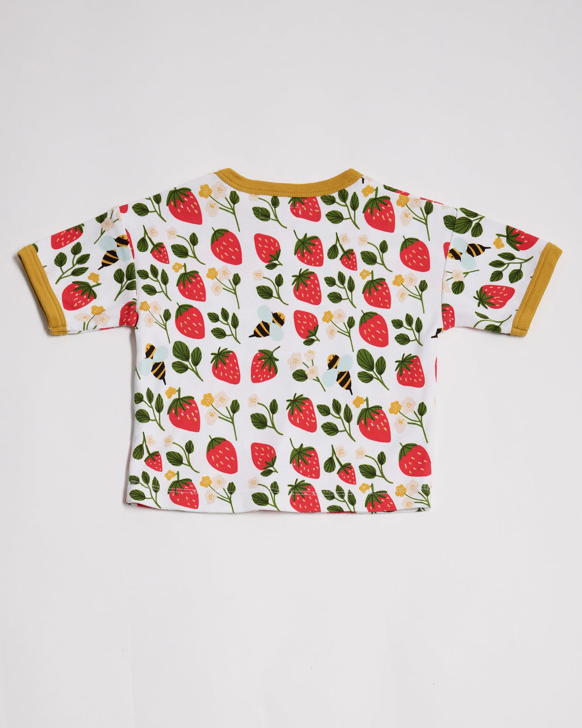 Back of short sleeved t-shirt featuring an all over strawberry and bees print with contrast honey neck and sleeve trim.