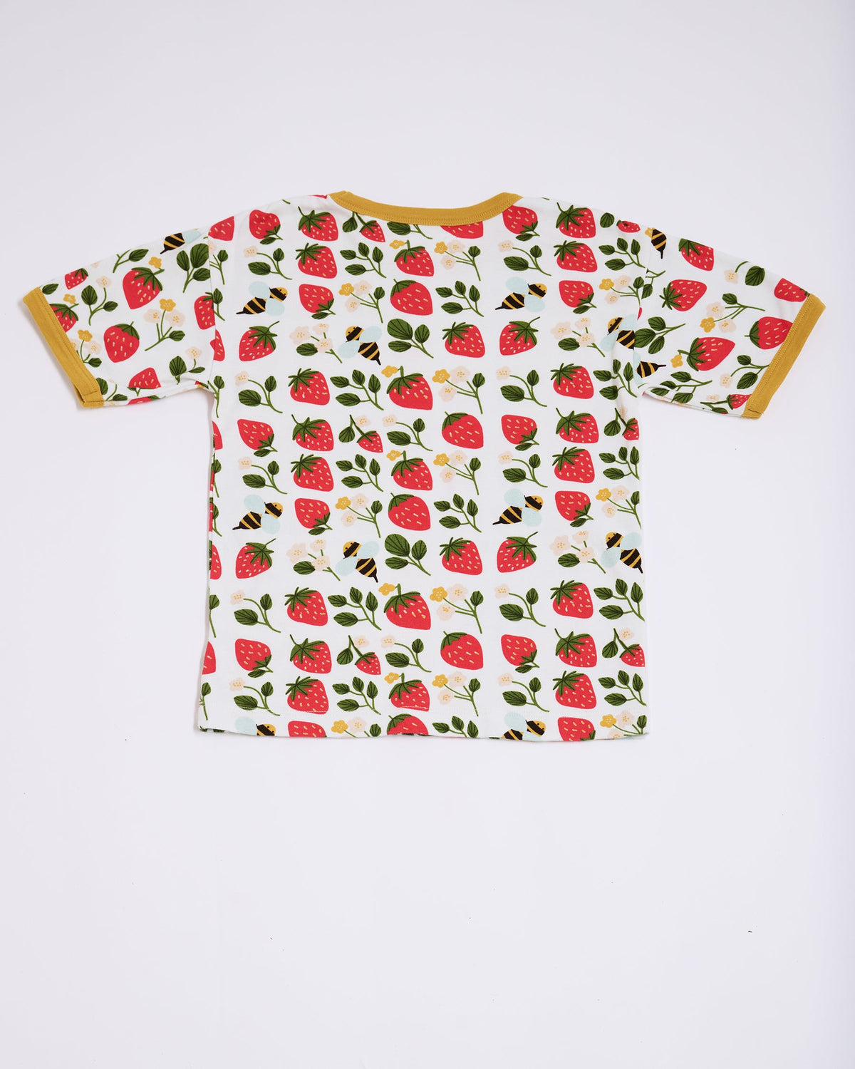 Back of short sleeved t-shirt featuring an all over strawberry and bees print with contrast honey neck and sleeve trim.