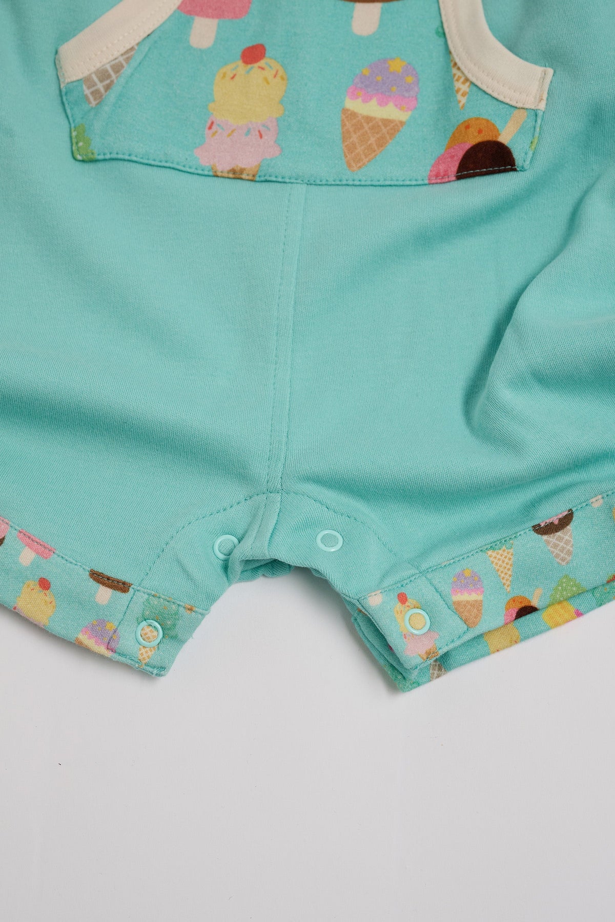 Close-up of crotch poppers on turquoise short dungarees with bright ice cream print fixed turn-ups and pocket and vanilla trim.