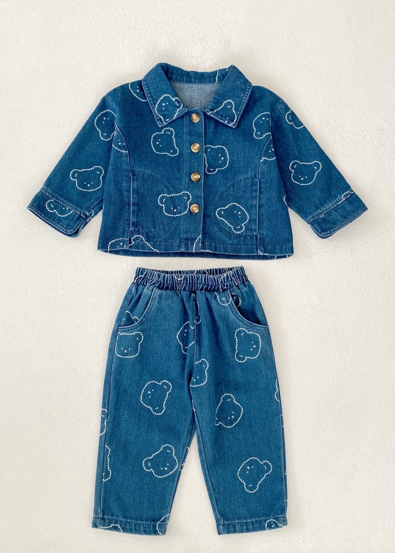 Baby Embroidered Bear Denim Two Piece Set
