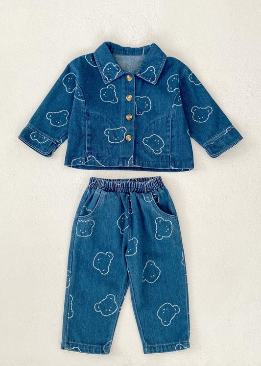 Baby Embroidered Bear Denim Two Piece Set