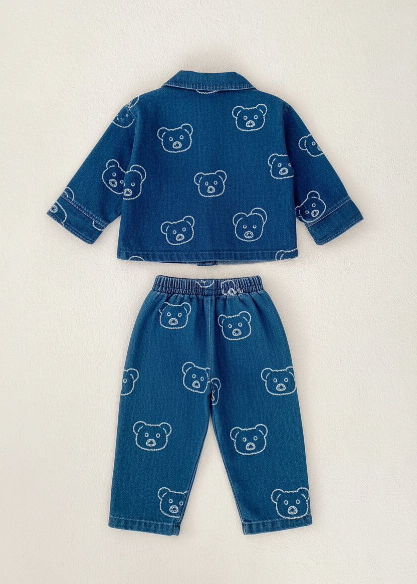 Baby Embroidered Bear Denim Two Piece Set