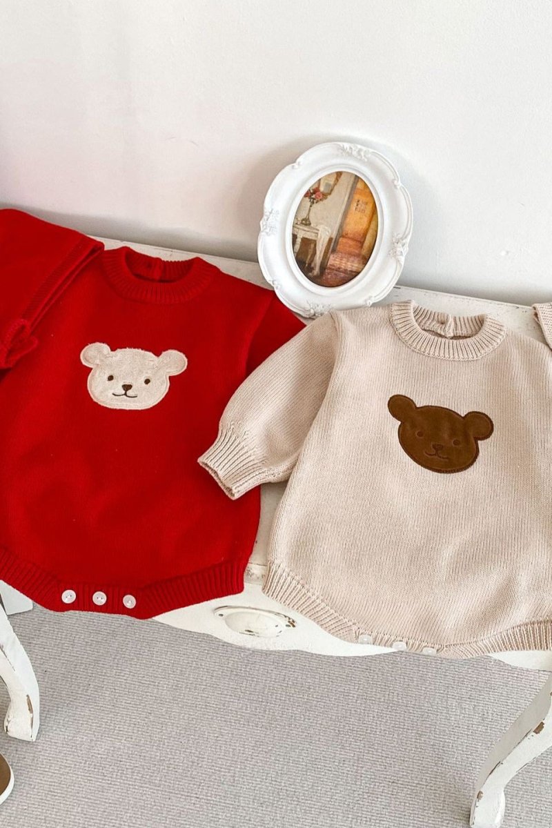 Winter Bear Knitted Bodysuit Red or Beige - Cozy Crew Club
