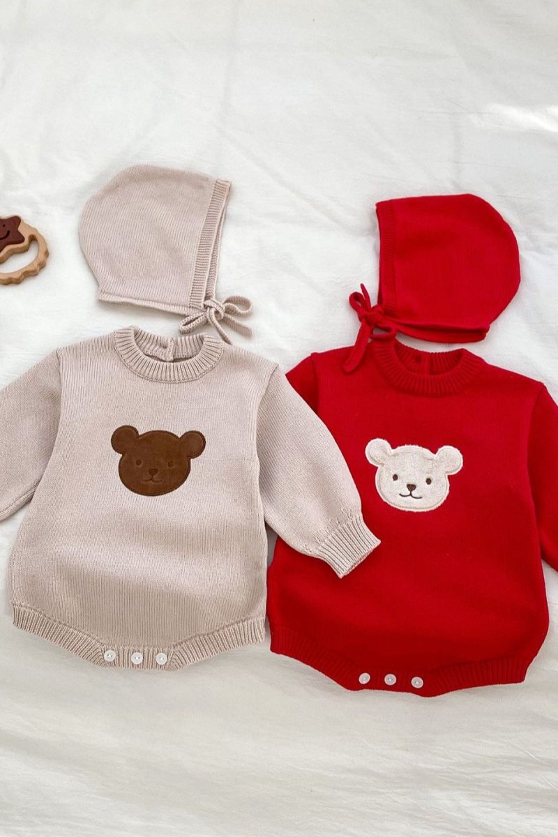 Winter Bear Knitted Bodysuit Red or Beige - Cozy Crew Club