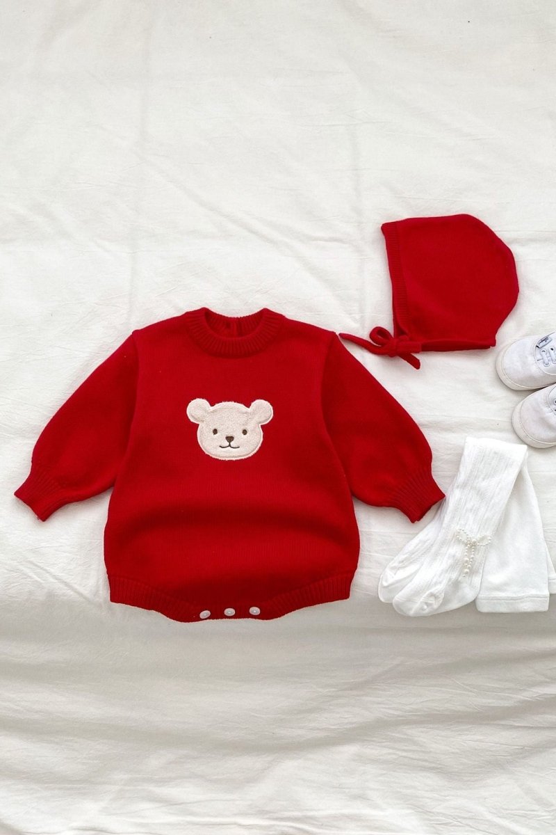 Winter Bear Knitted Bodysuit Red or Beige - Cozy Crew Club
