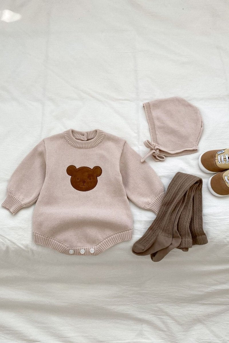 Winter Bear Knitted Bodysuit Red or Beige - Cozy Crew Club