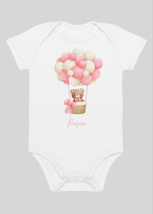 Personalised Name Bear Hot Air Baloon Bodysuit in Pink