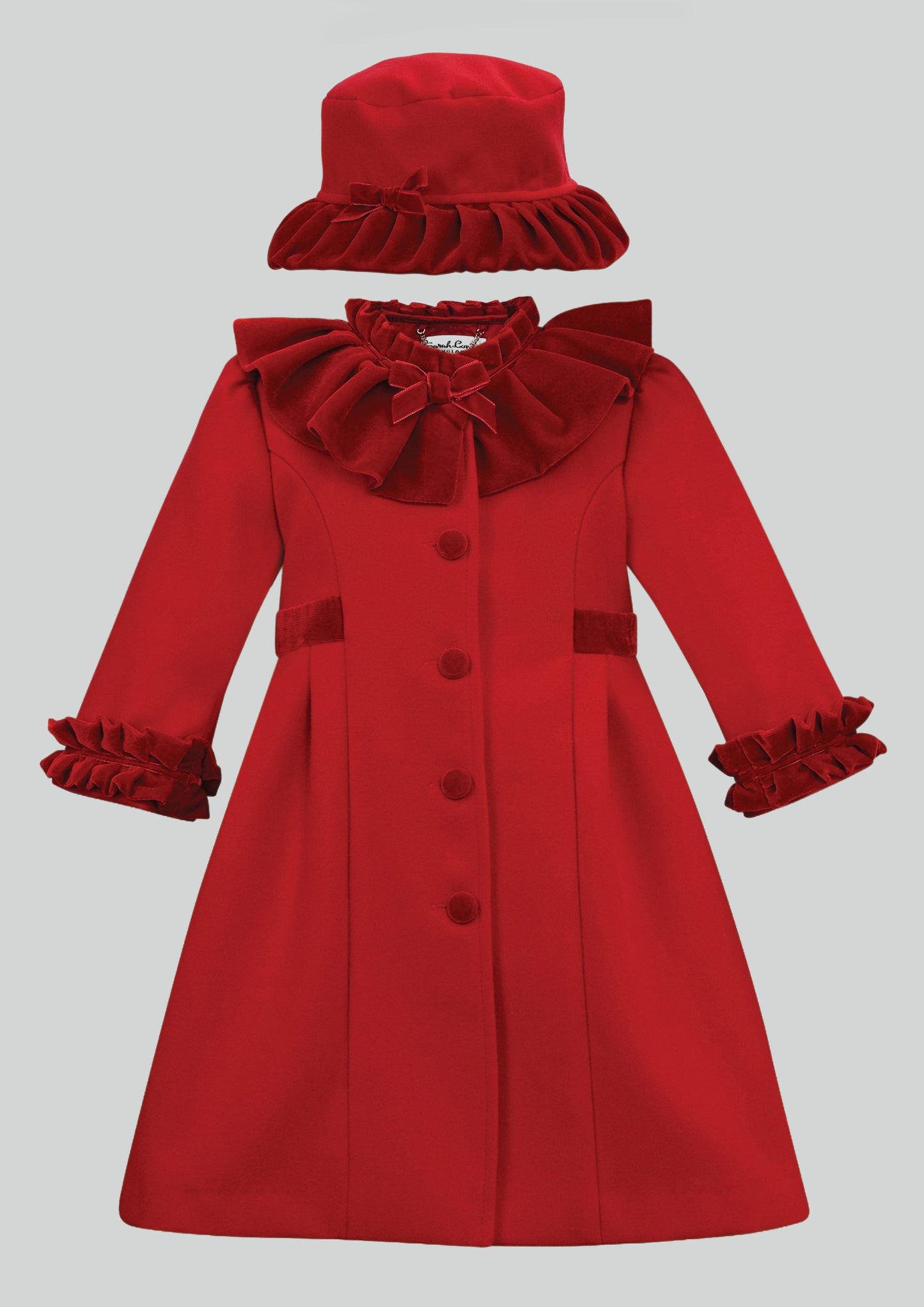 Sarah Louise Traditional velvet trimmed red coat & hat